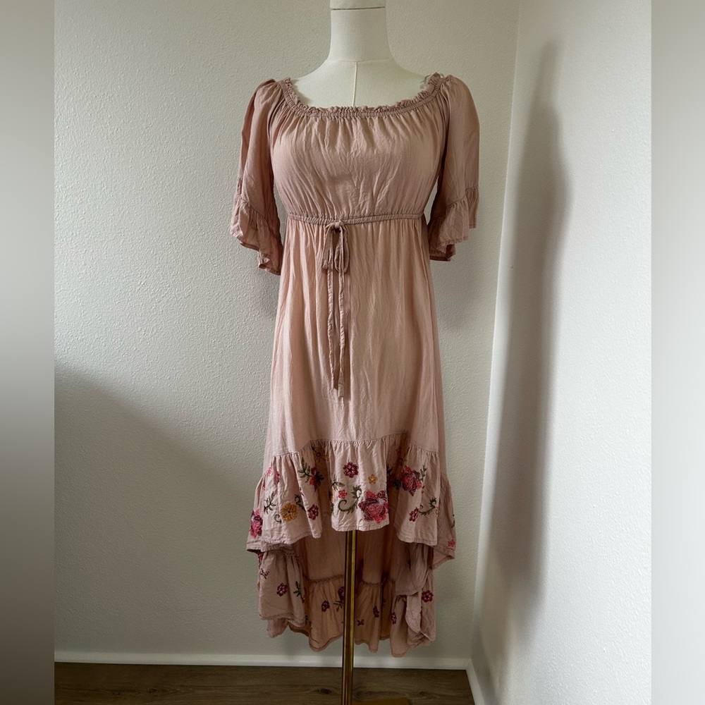 Pink Boho High-Low Dress with Floral Embroidery
